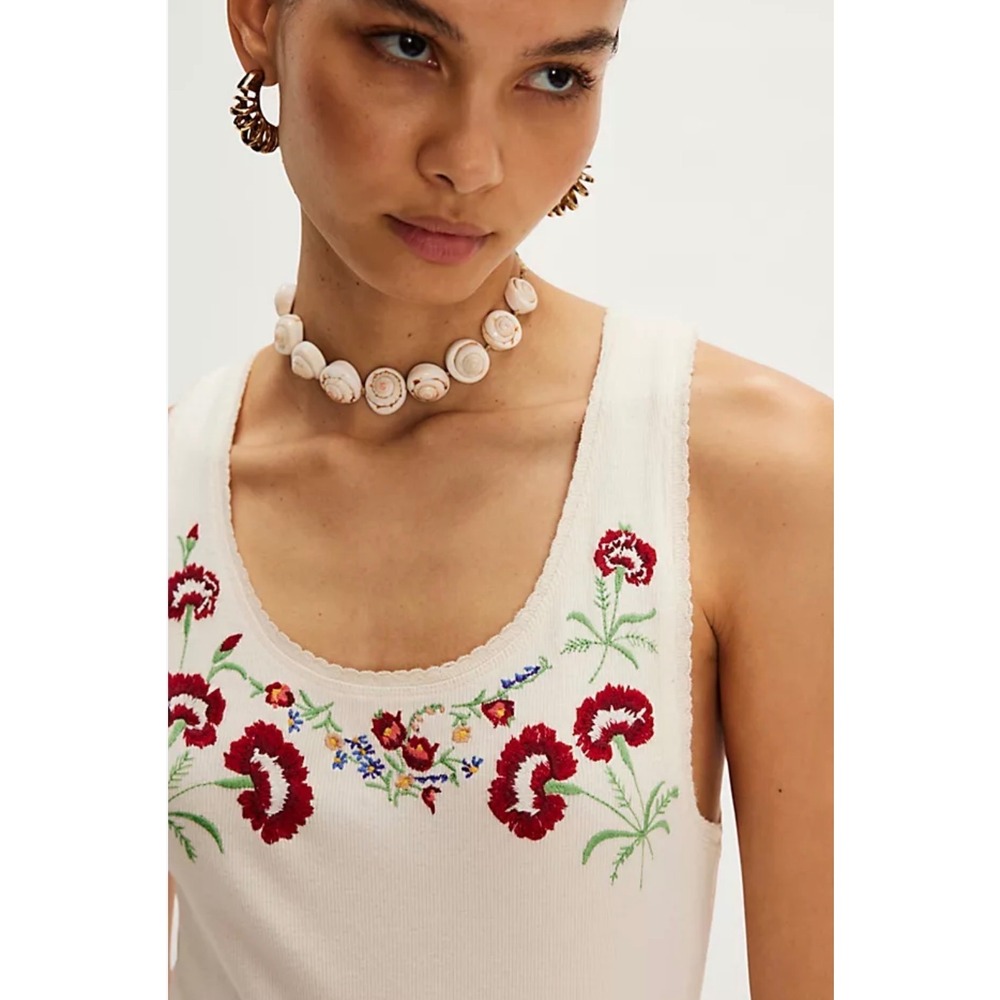 We The Free Free People Floral Embroidered Ribbed Tank Top White Red Large